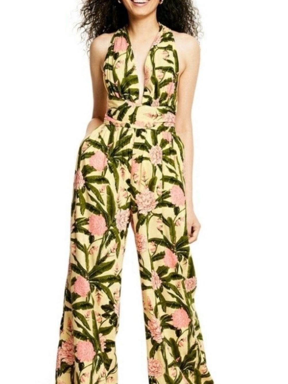 Agua Bendita Yellow Halter Floral Wide-Leg Jumpsuit with Pink Blossoms